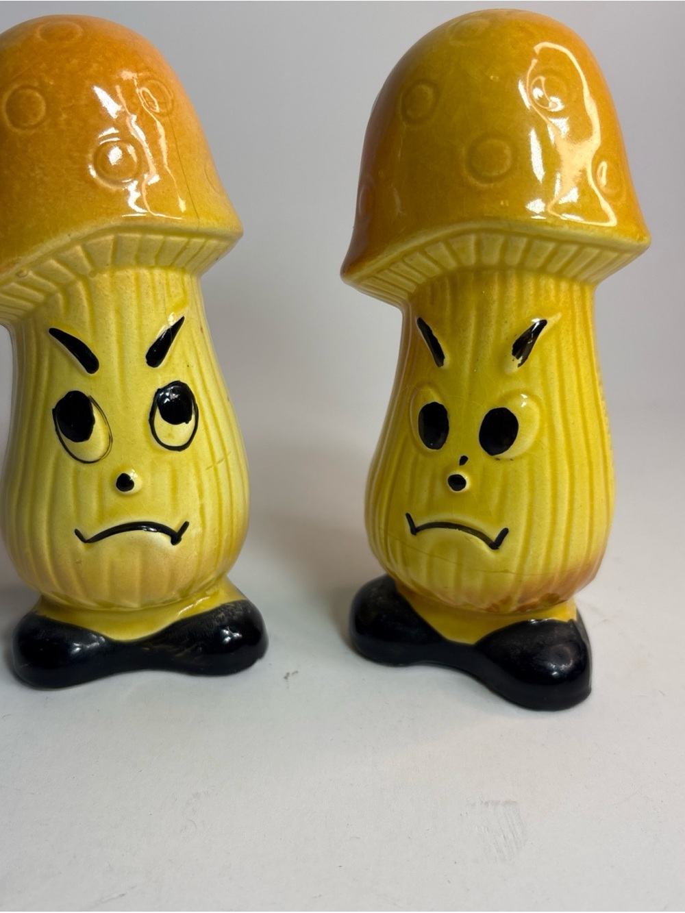 Vintage Anthropomorphic Grumpy Mushroom Salt and Pepper Shakers Set Japan 4.5 In